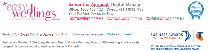 A typical Easy Weddings email signature